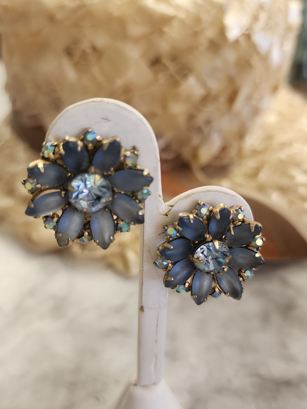 Vintage Blue Moonstone Statement Clip Earrings